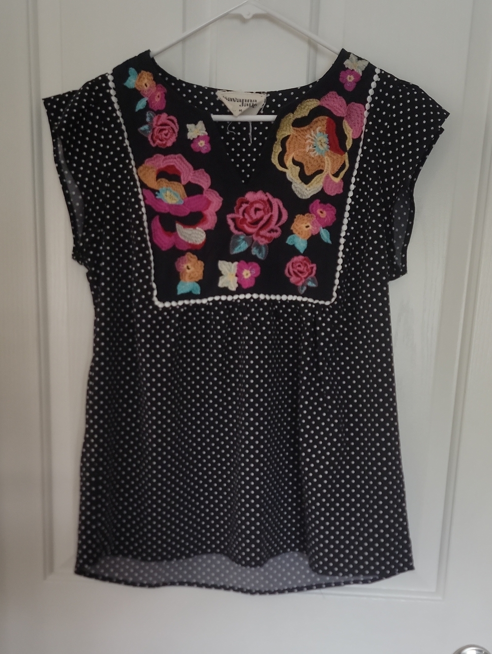 Savanna Jane Women’s Black Polka Dot Embroidered Floral Blouse Medium M